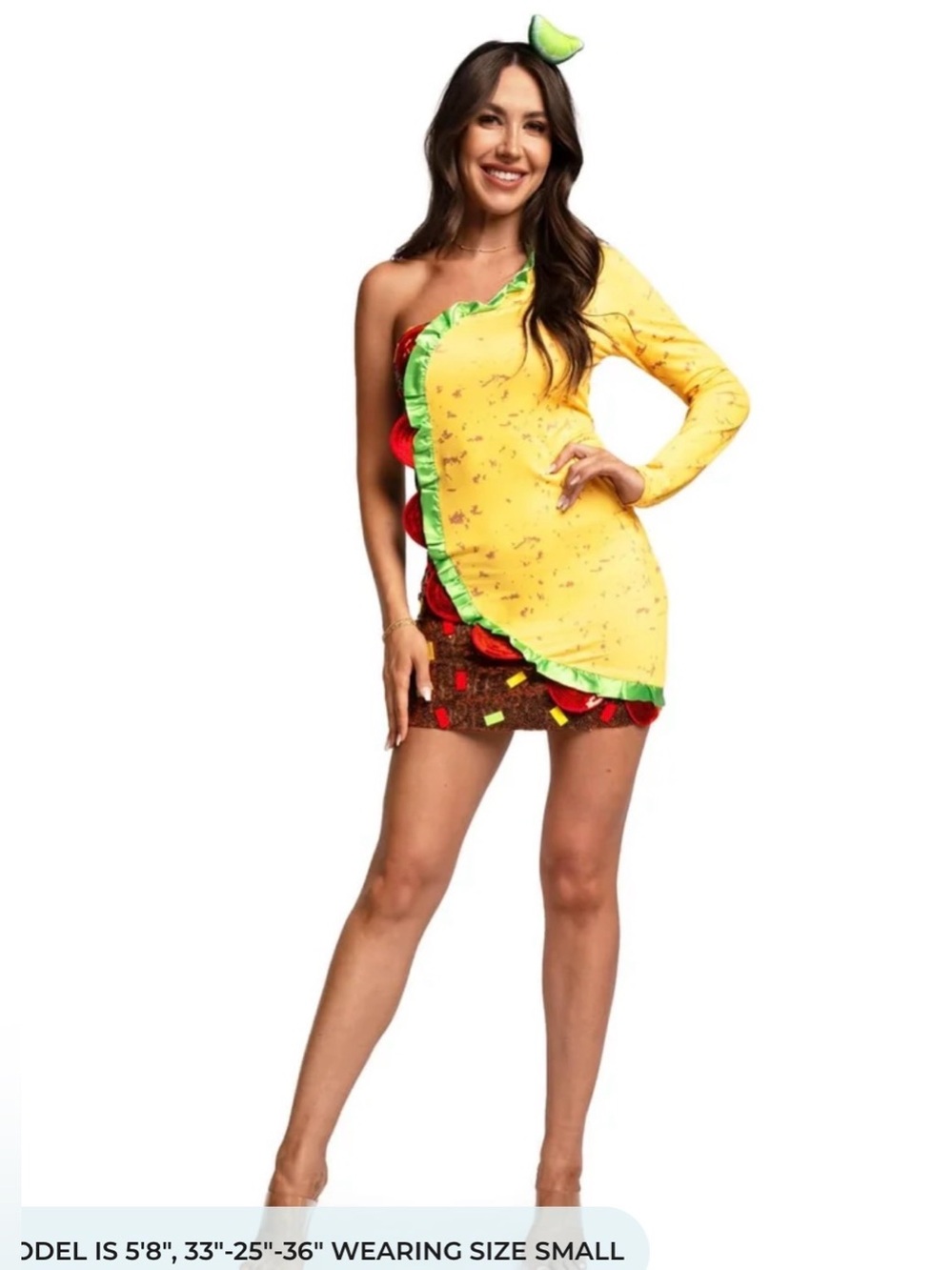 Tipsy Elves Yellow One-Shoulder Taco-Inspired Dress with Green Trim